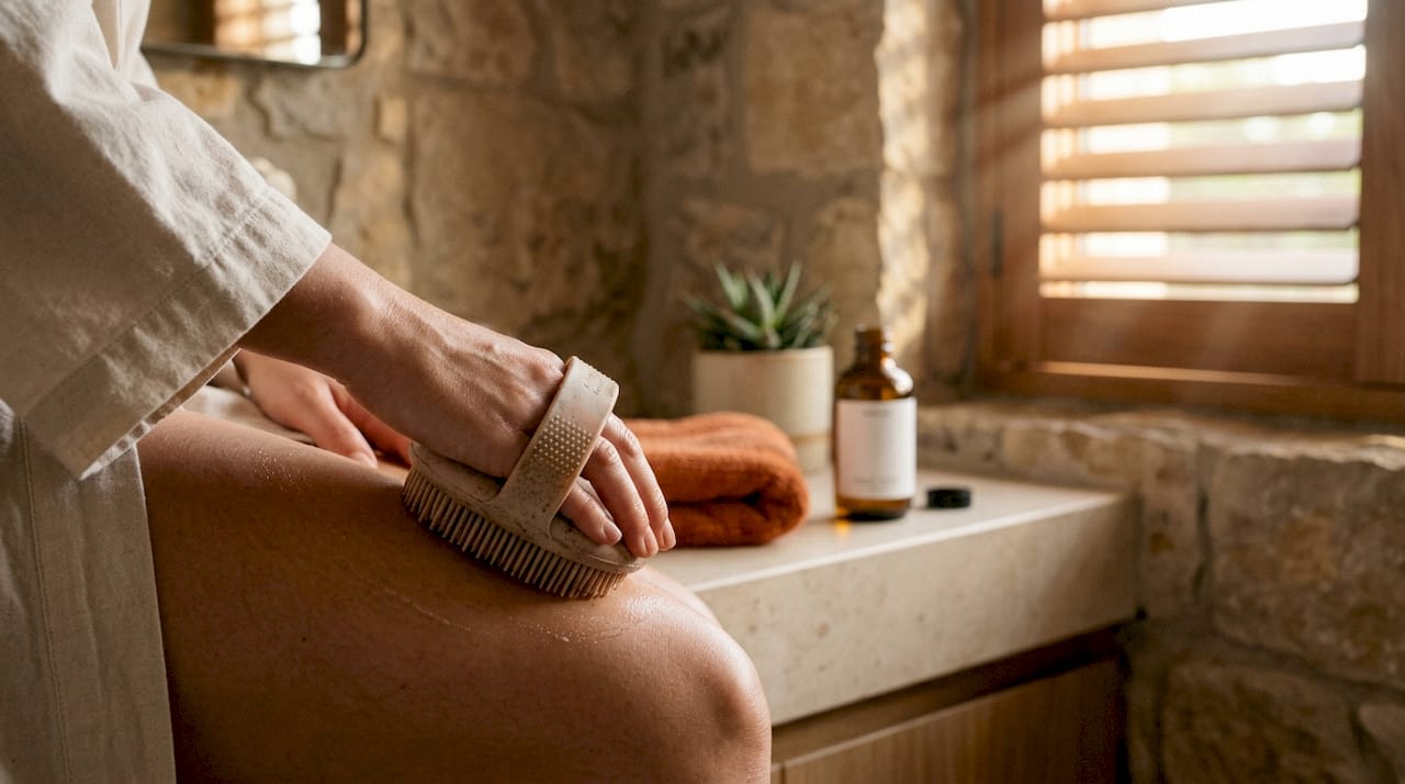 Hand uses body brush for skincare