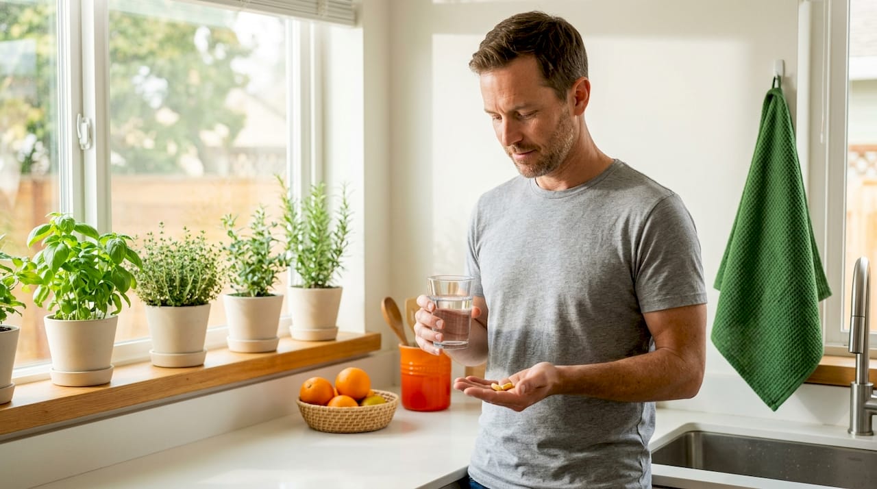Man taking morning vitamins at bathroom sink