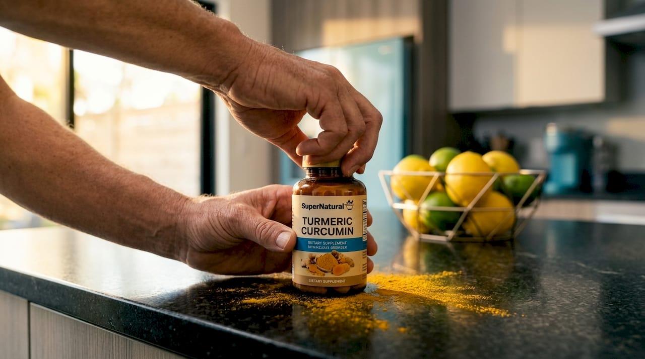 Hands opening curcumin supplement bottle
