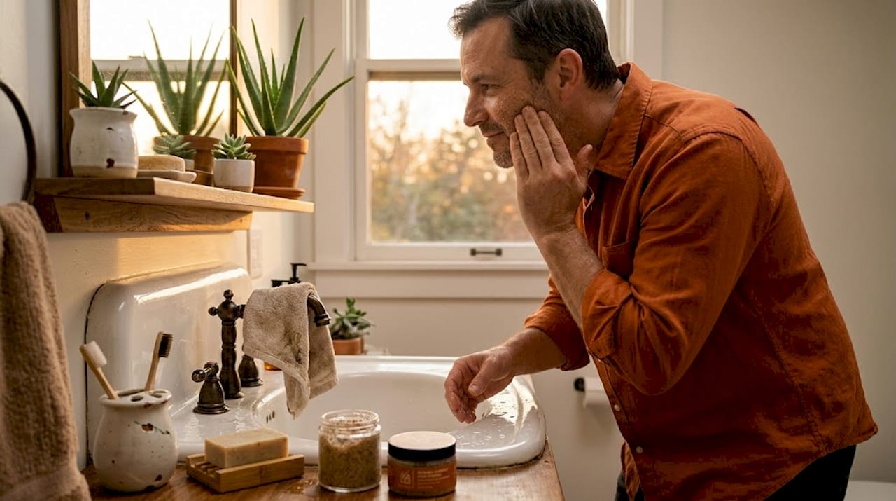 Man uses eco-friendly skincare at home sink
