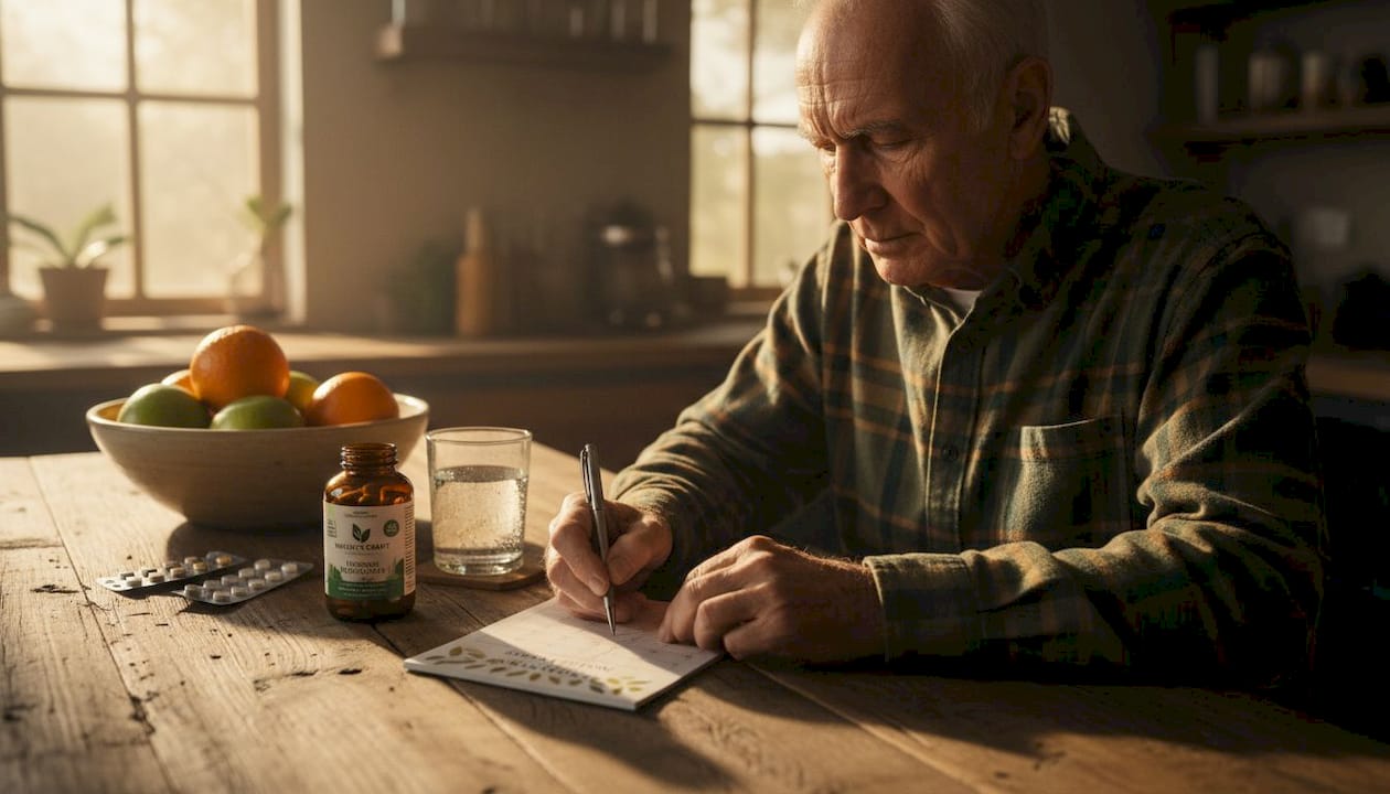 Older man planning supplement schedule at table