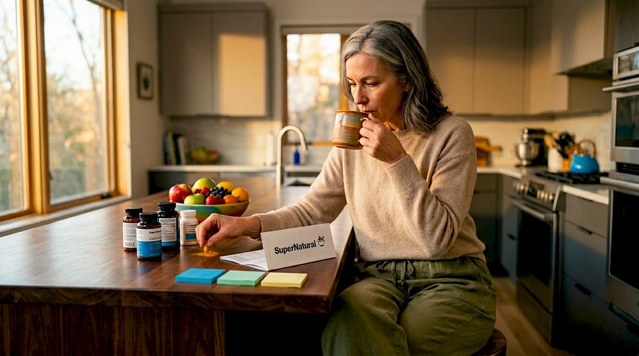 Woman examining curcumin supplements at kitchen table