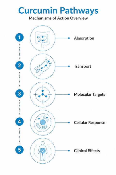 Infographic of curcumin’s biological effects in steps