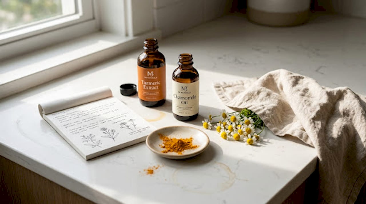 Herbal extract bottles and tools on lab worktable