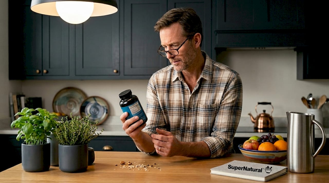 Man reading supplement label at kitchen counter
