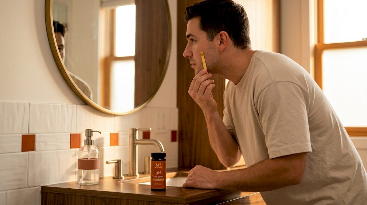 Man uses pH test strip in bathroom