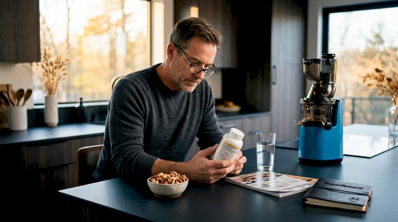 Man reads curcumin supplement instructions