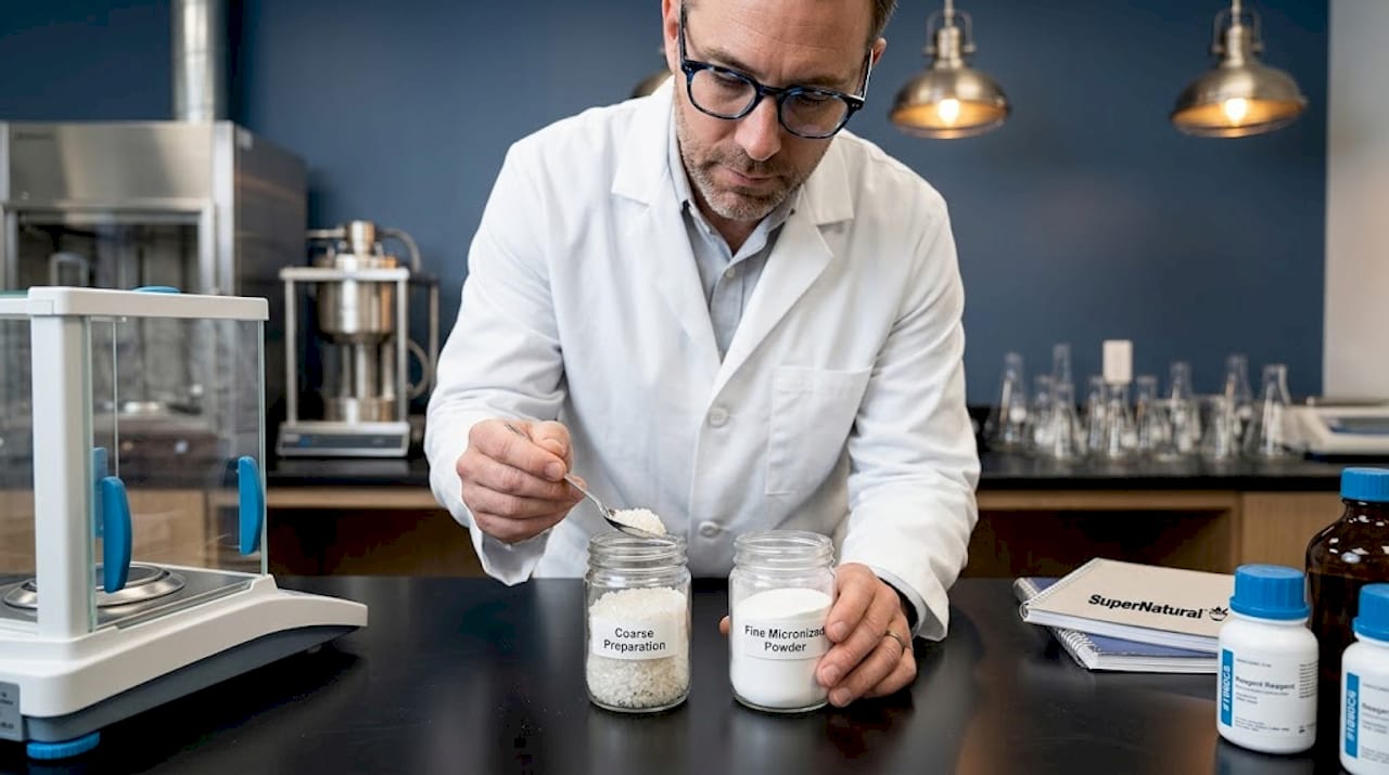 Pharmacist comparing coarse and fine supplement powders
