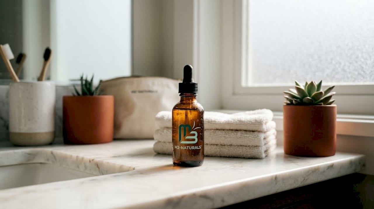 Face oil bottle and bathroom shelf details