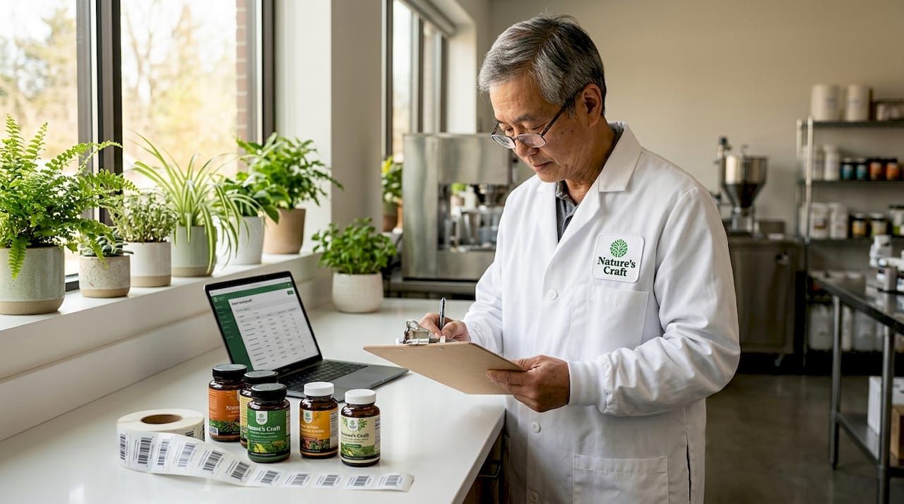 Quality control specialist checking supplement batches