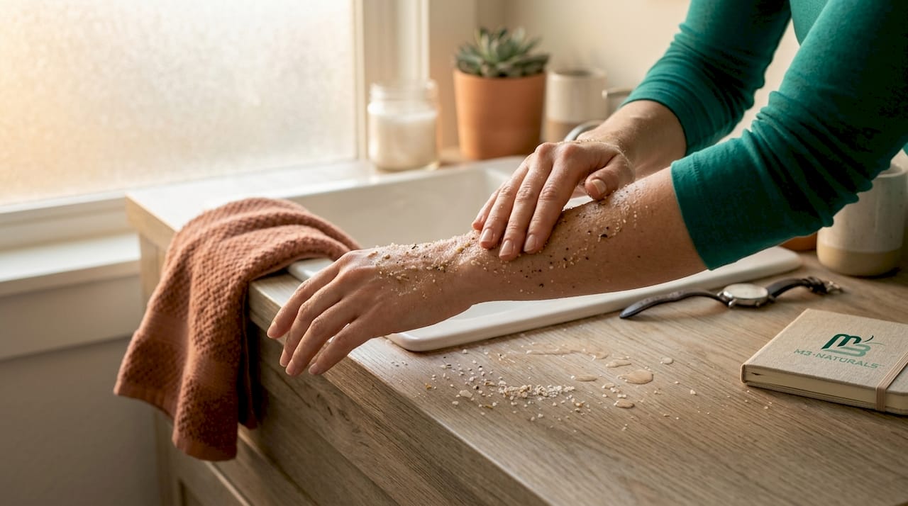 Hands applying body scrub on arm at sink