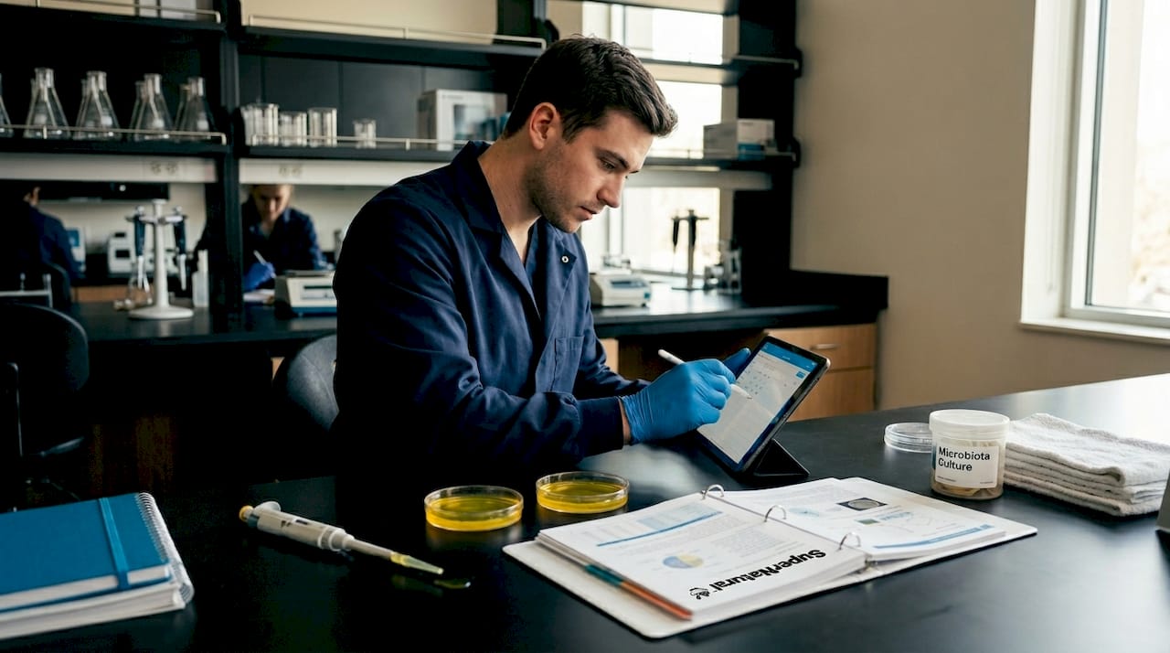 Lab technician working with gut microbiota analysis tools