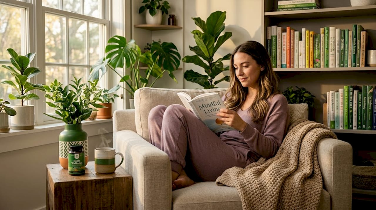 Woman relaxing with book and supplement