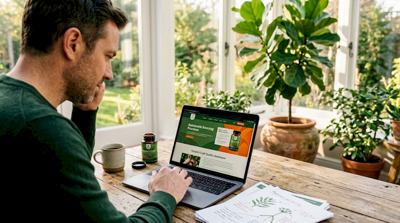 Man verifying ingredient sourcing online at home office