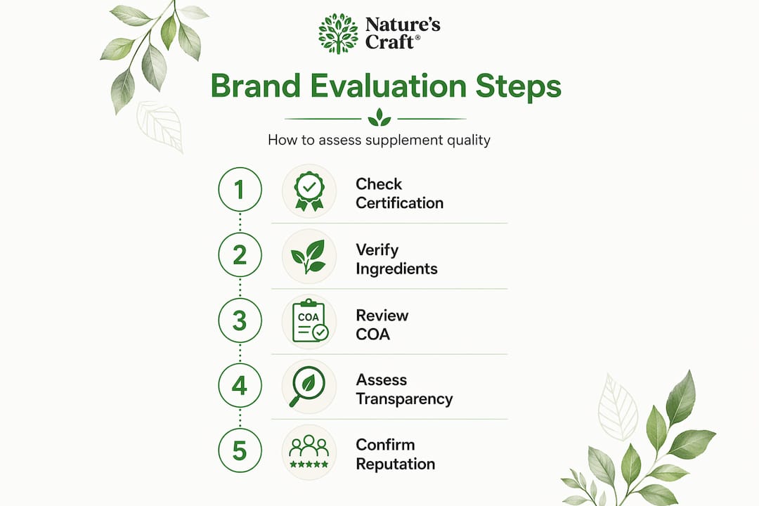 Infographic step-by-step supplement brand evaluation process