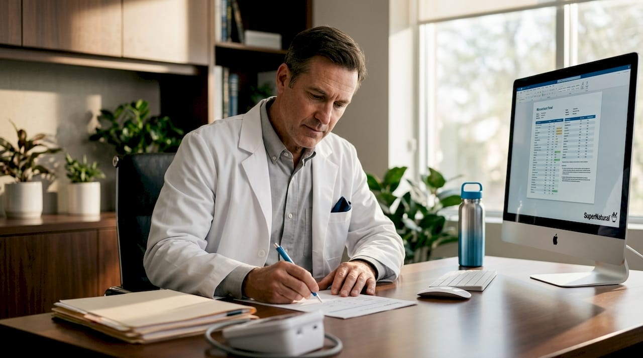 Doctor reviewing micronutrient test results at desk