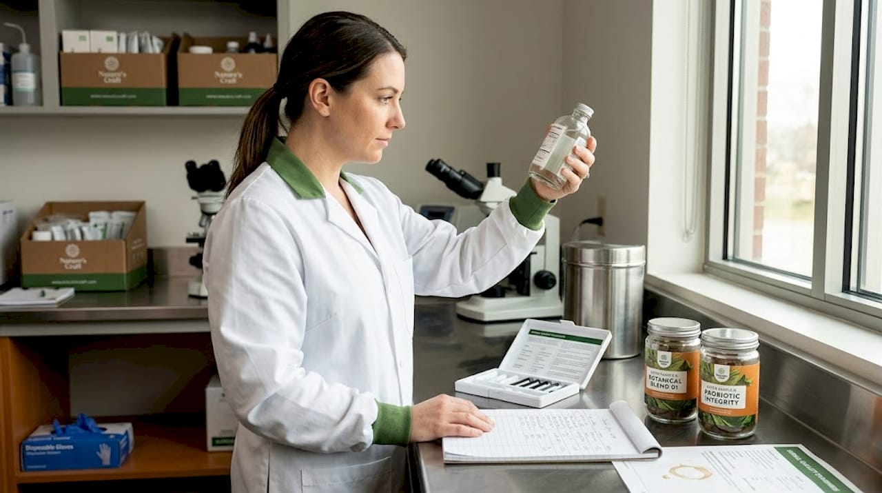 Lab technician examining supplement bottle on test bench