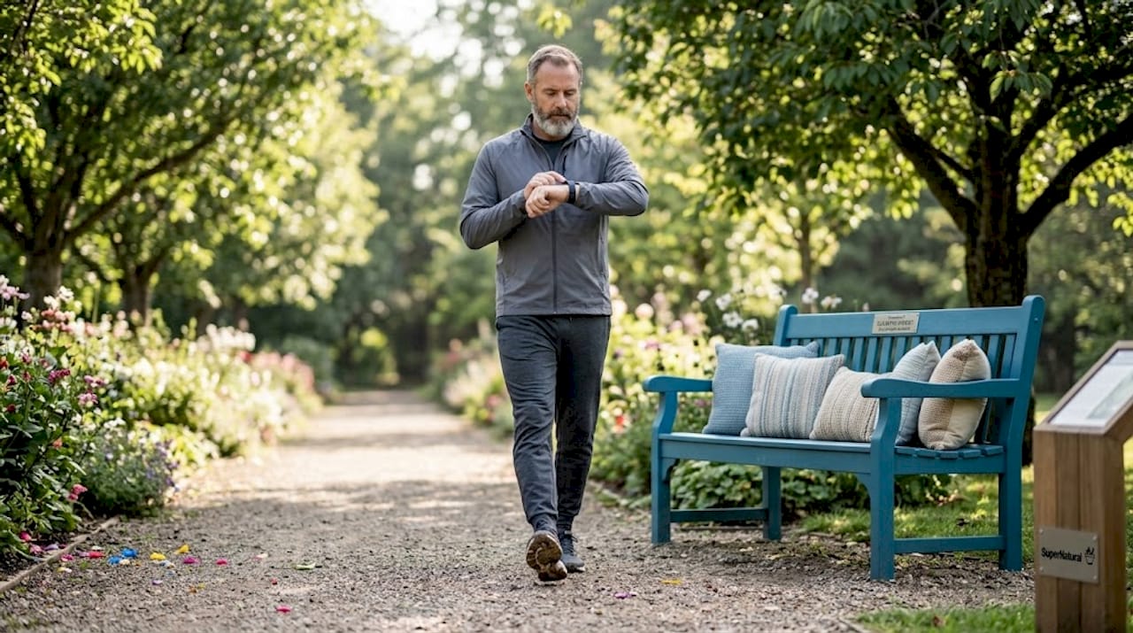 Man walking briskly along park path in spring