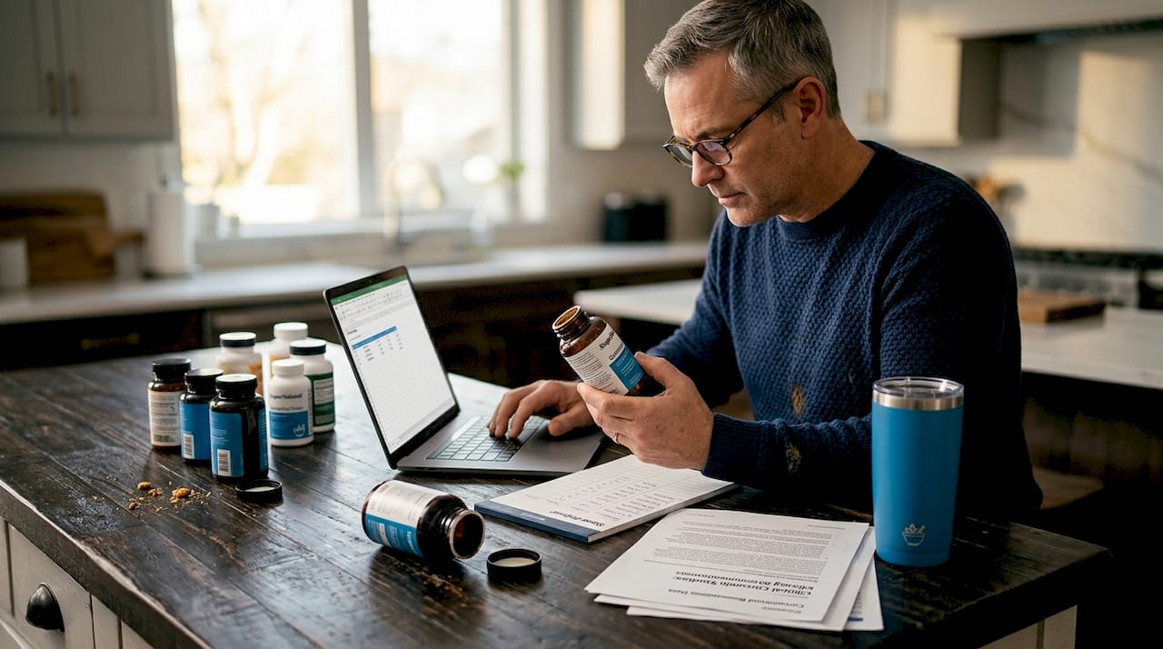 Man verifying curcumin dosage information