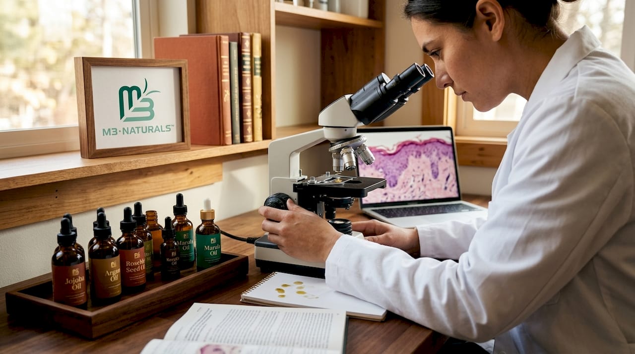 Lab technician analyzing carrier oils with microscope