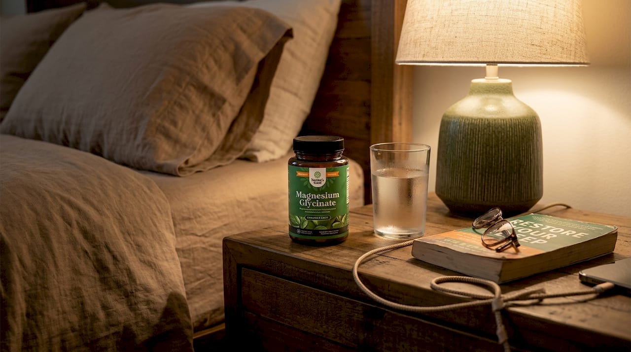 Nightstand with magnesium supplement and water glass
