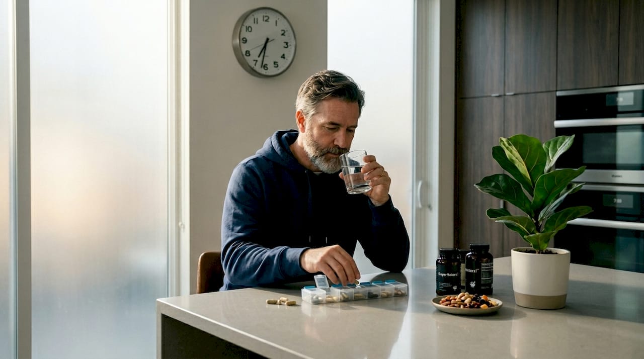 Man preparing daily herbal supplement routine