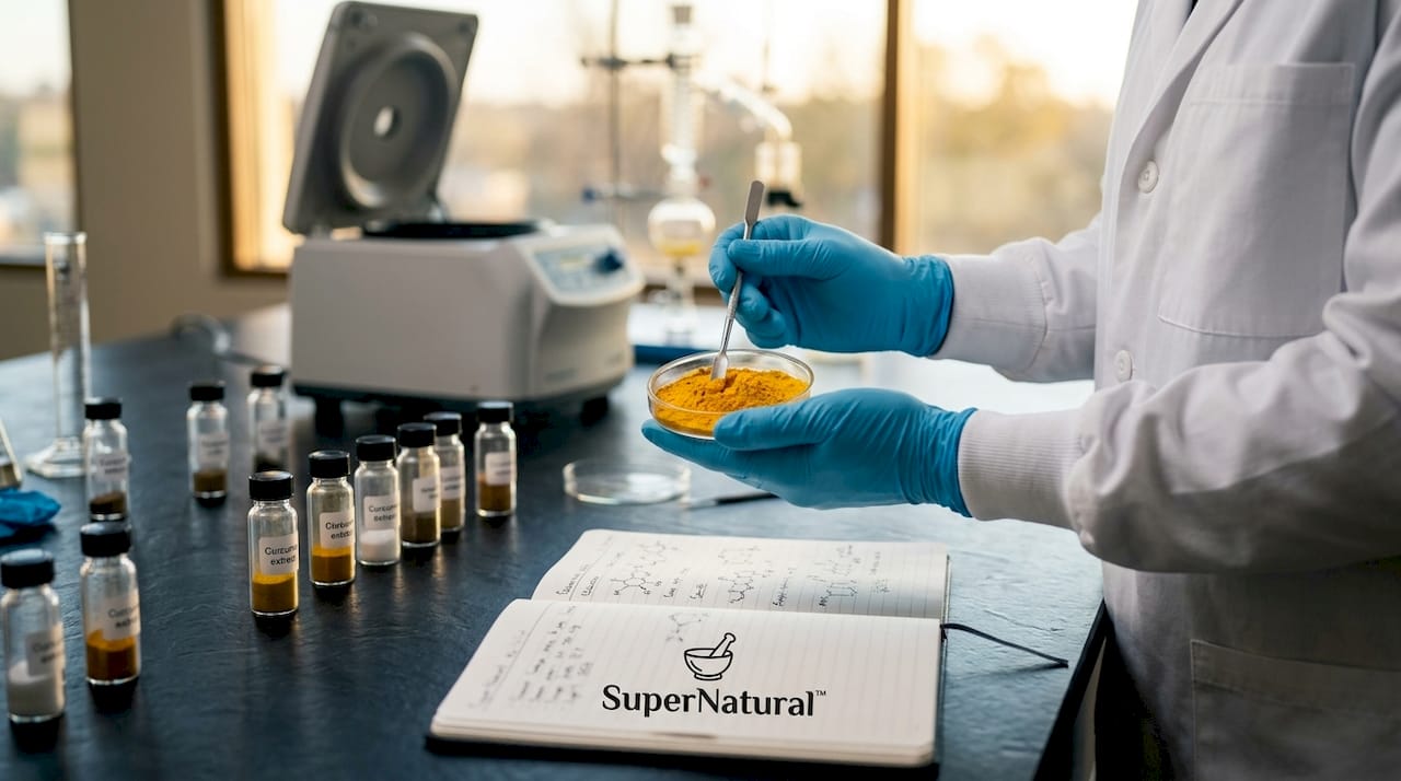 Scientist examining patented curcumin powder in lab