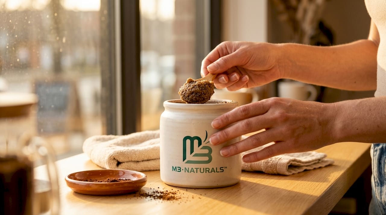 Hands with caffeine scrub on bathroom counter