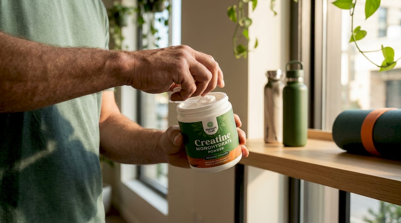 Hands opening creatine powder container in home gym
