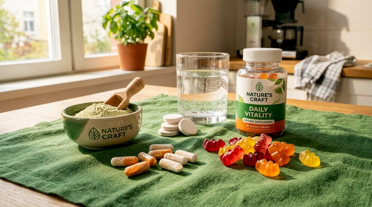 Various dietary supplement forms on table