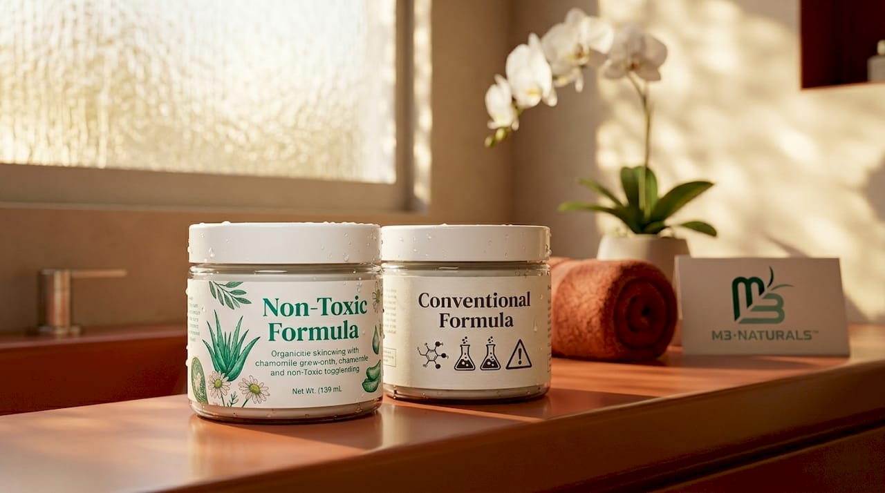 Comparison of non-toxic and conventional skincare jars on counter