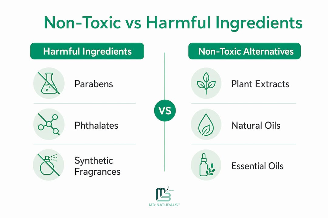 Infographic comparing harmful and non-toxic skincare ingredients