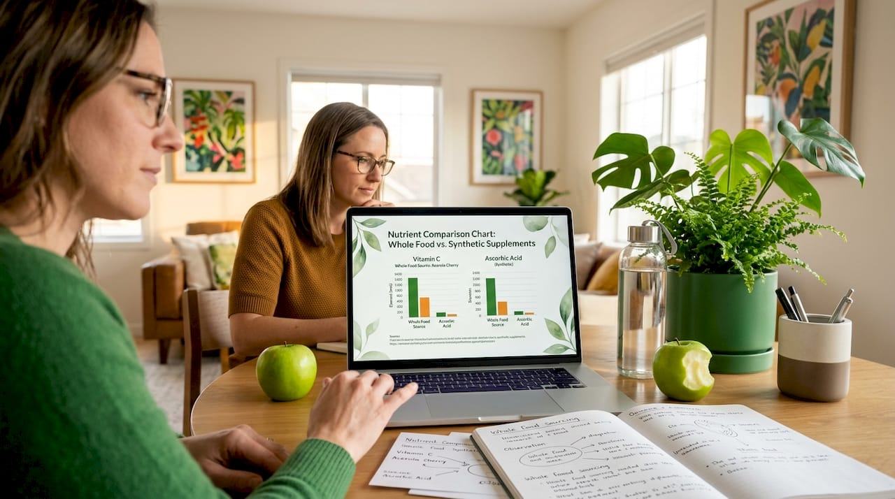 Laptop desk with nutrition data comparing supplements