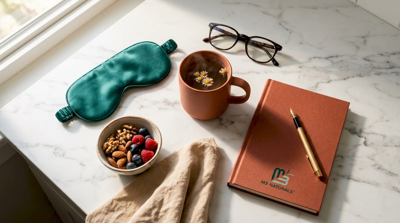 Flat lay of sleep, nutrition, and stress wellness items