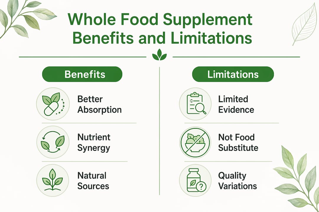 Infographic comparing benefits and limitations of whole food supplements