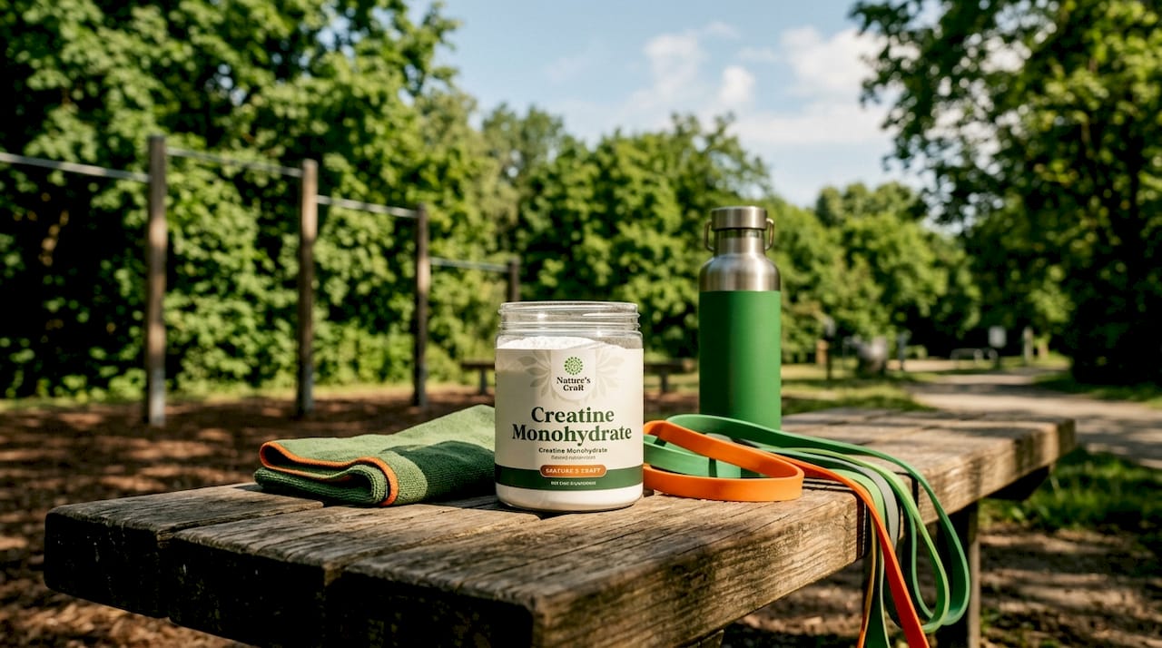 Creatine powder container on gym bench