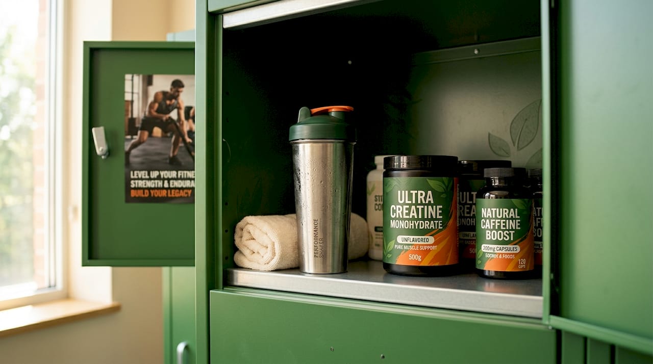 Supplement bottles and workout gear in gym locker