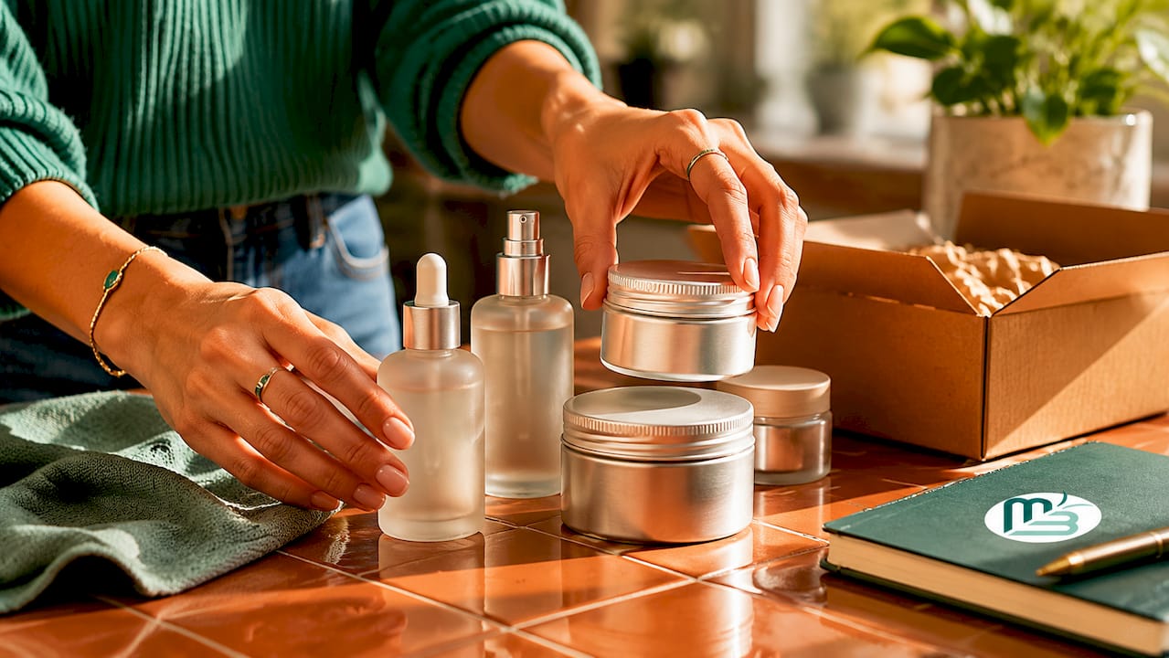 Overhead hands arranging mono-material skincare containers