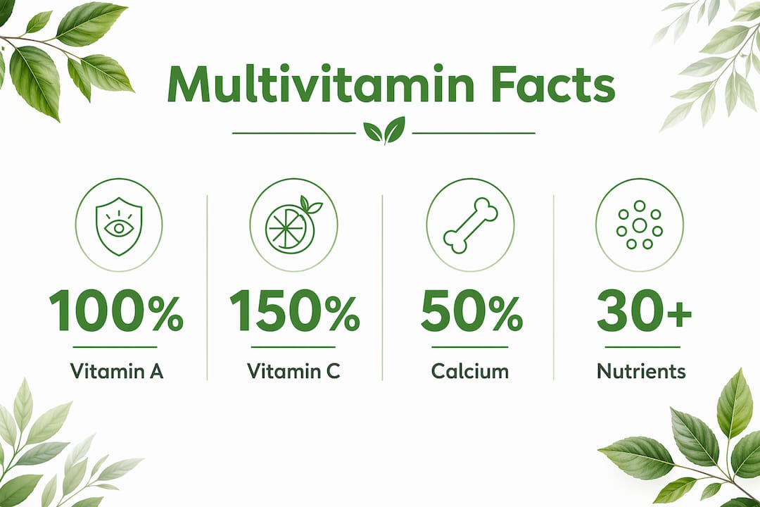 Infographic highlighting multivitamin nutrient values and benefits