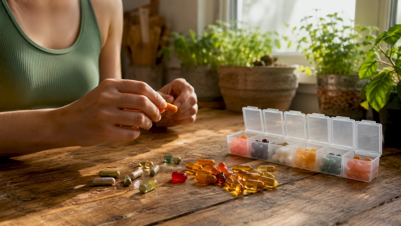 Close-up of assorted multivitamin pills on wooden table