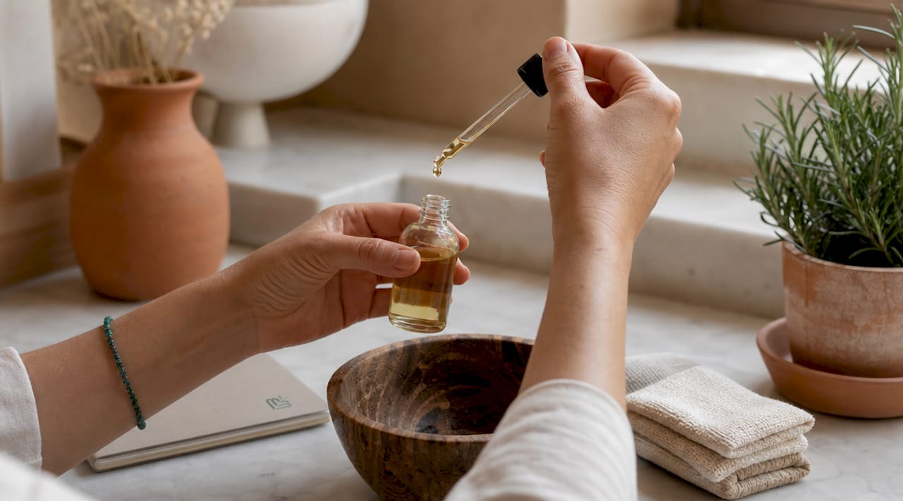 Hands diluting essential oils for massage safety