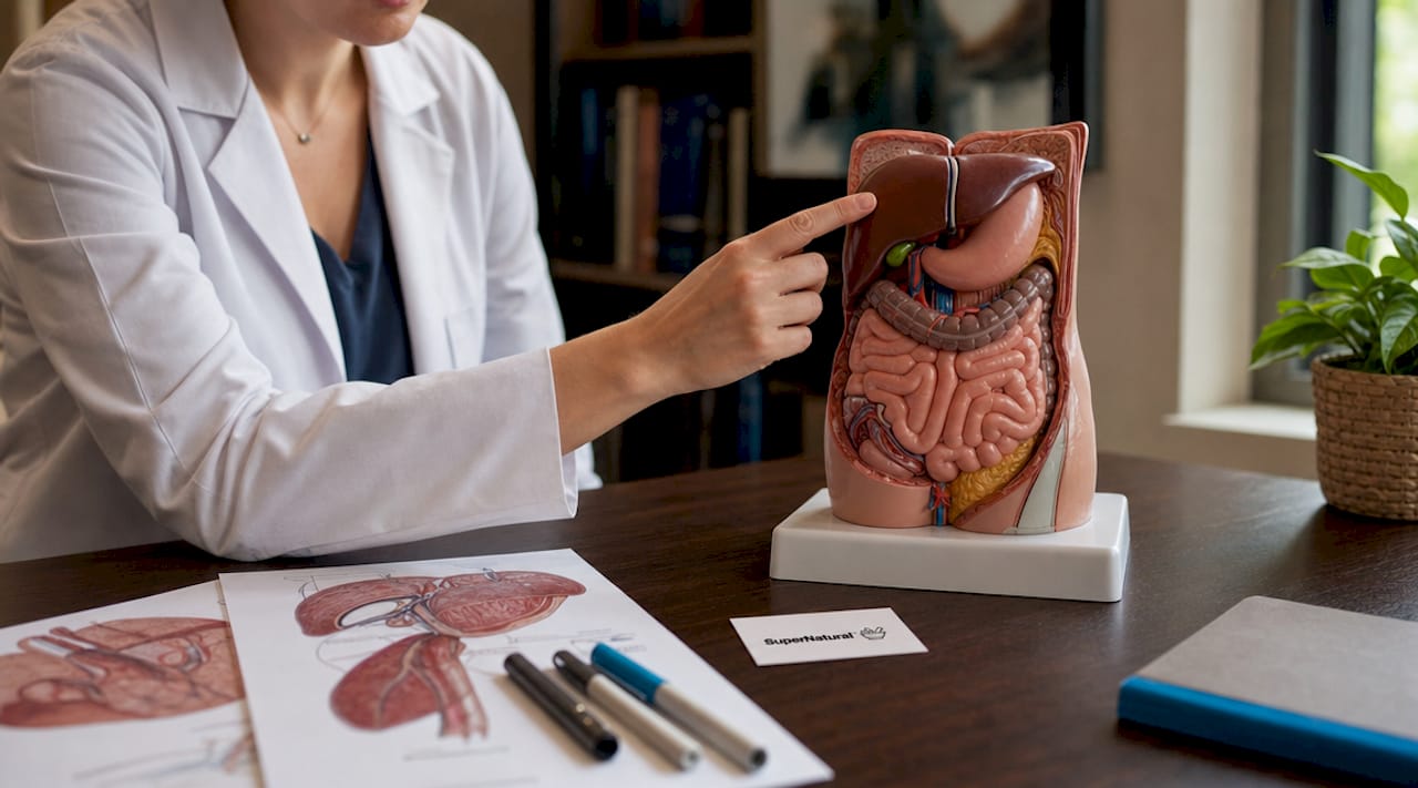Close-up anatomical model explaining liver metabolism