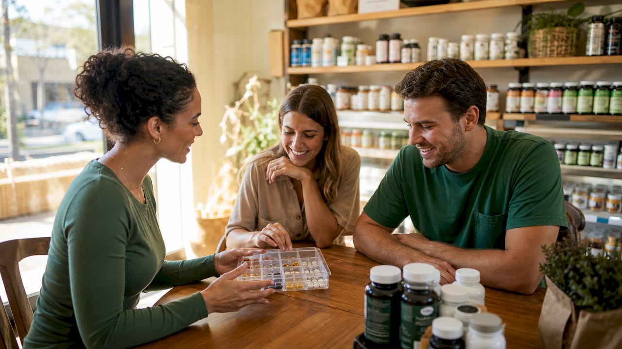 Hands organizing vitamin supplement doses in pillbox
