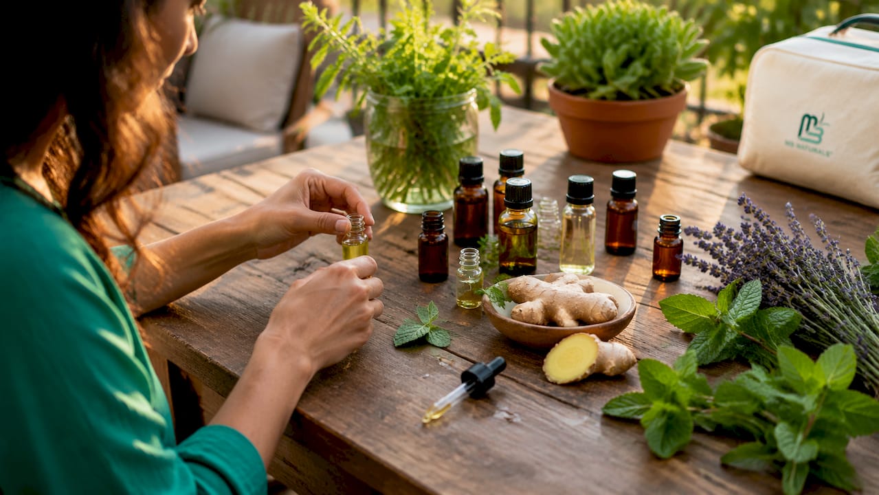 Bottles of essential oils with fresh herbs