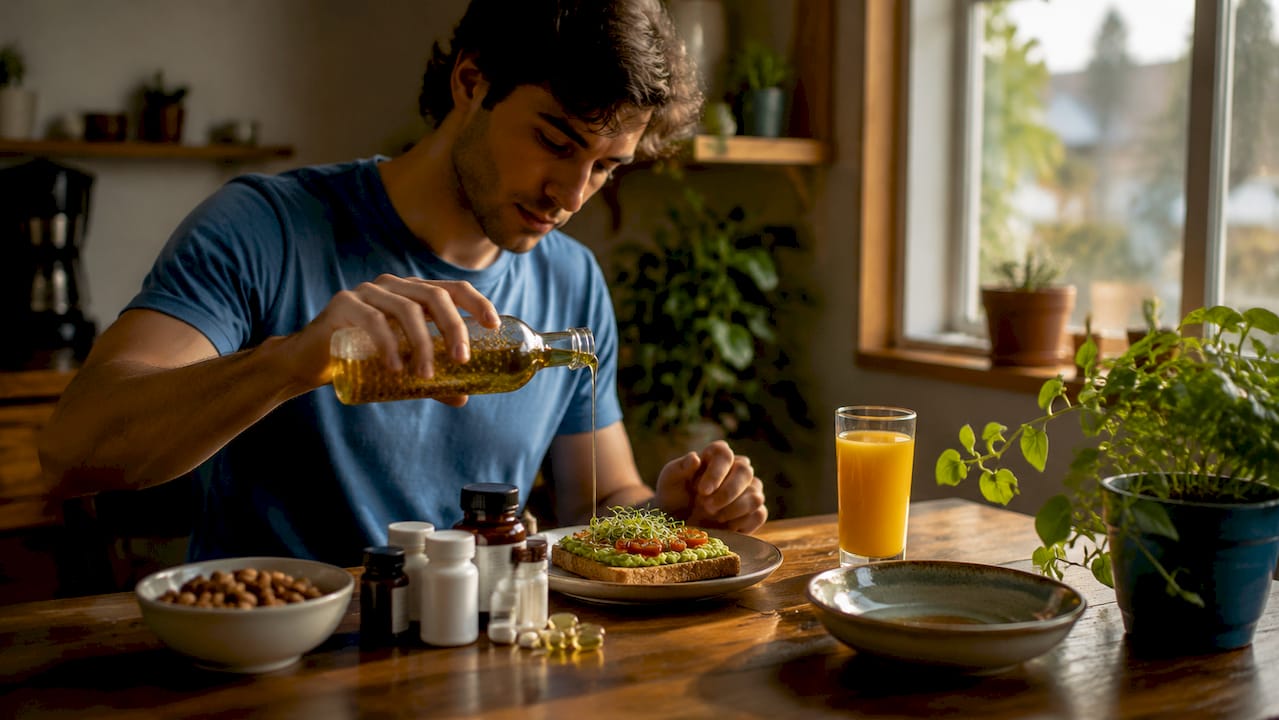 Supplements beside healthy breakfast meal setup