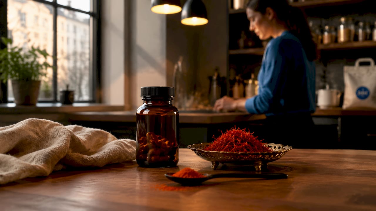 Close-up of saffron extract bottle with threads nearby