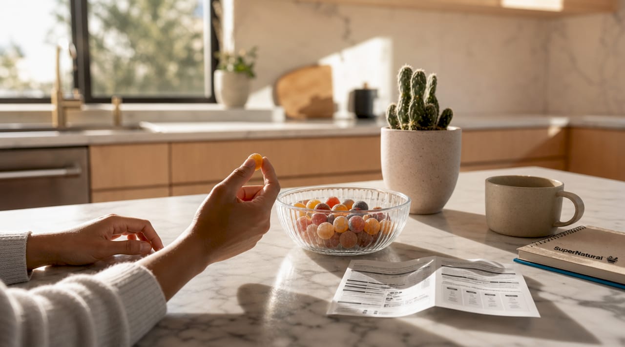 Hands holding chewable jelly supplement tablets