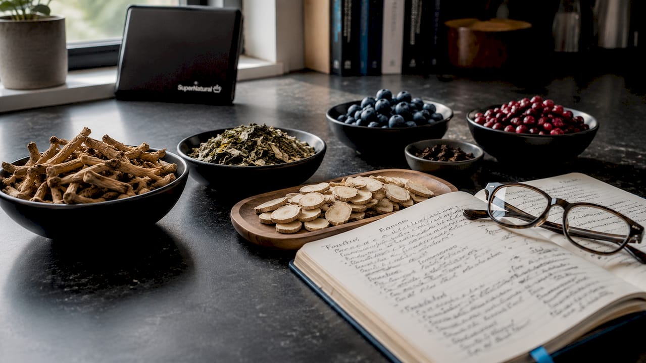 Overhead view of natural cognitive supplement ingredients on desk