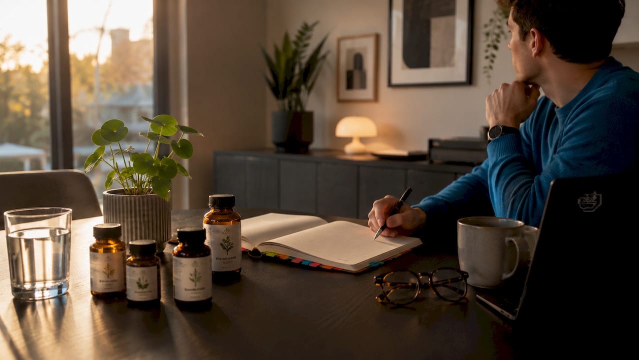 Herbal cognitive supplement bottles on table