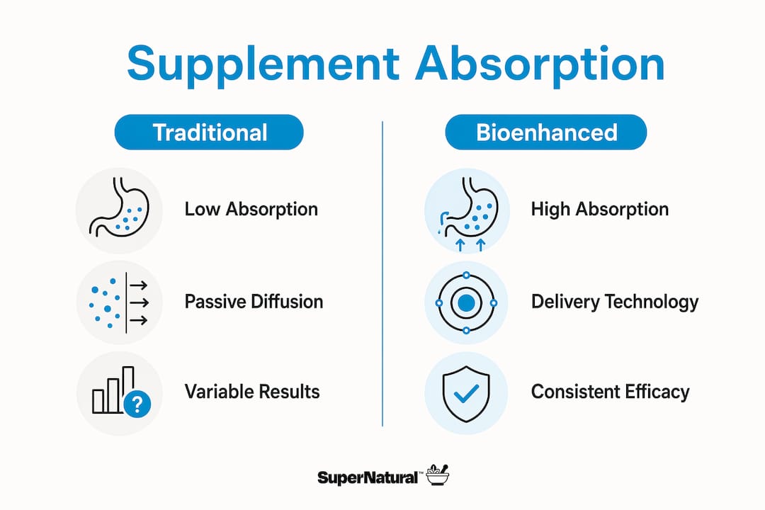 Infographic comparing traditional and bioenhanced supplement absorption